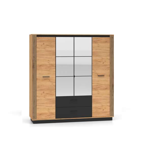 Garderobeskap Urso 200x210 cm - 4 dører - 2 skuffer - eik craft gold - svart matt - speil