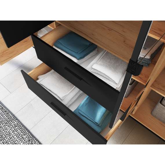 Garderobeskap Urso 200x210 cm - 4 dører - 2 skuffer - eik craft gold - svart matt - speil