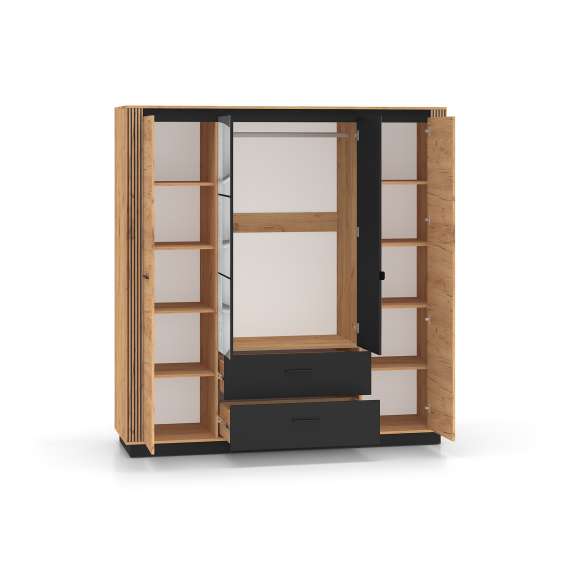 Garderobeskap Urso 200x210 cm - 4 dører - 2 skuffer - eik craft gold - svart matt - speil