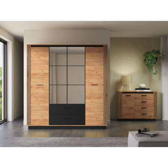 Garderobeskap Urso 200x210 cm - 4 dører - 2 skuffer - eik craft gold - svart matt - speil