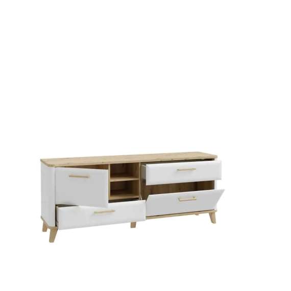Tv-benk Wardiol 170x68 cm - 2 dører - 2 skuffer - hvit matt - eik artisan