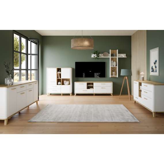 Tv-benk Wardiol 170x68 cm - 2 dører - 2 skuffer - hvit matt - eik artisan