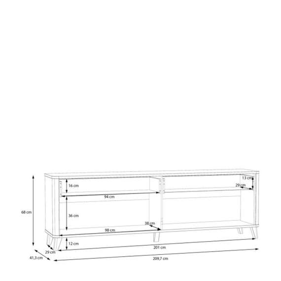 Tv-benk Wardiol 210x68 cm - 2 dører - 2 skuffer - hvit matt - eik artisan