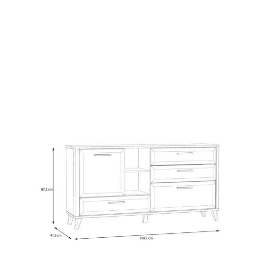 Skjenk Wardiol 170x87 cm - 2 dører - 3 skuffer - hvit matt - eik artisan