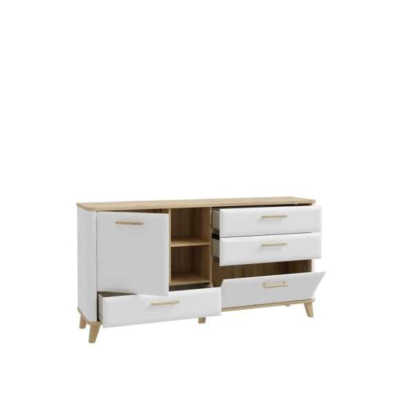 Skjenk Wardiol 170x87 cm - 2 dører - 3 skuffer - hvit matt - eik artisan