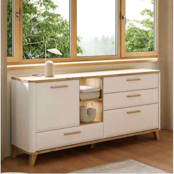 Skjenk Wardiol 170x87 cm - 2 dører - 3 skuffer - hvit matt - eik artisan