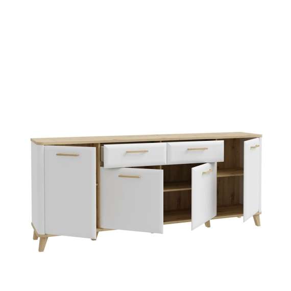 Skjenk Wardiol 210x87 cm - 4 dører - 2 skuffer - hvit matt - eik artisan