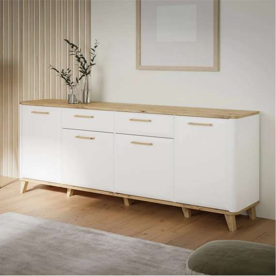 Skjenk Wardiol 210x87 cm - 4 dører - 2 skuffer - hvit matt - eik artisan