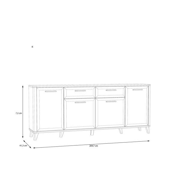 Skjenk Wardiol 210x87 cm - 4 dører - 2 skuffer - hvit matt - eik artisan