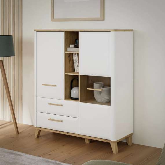 Vitrineskap Wardiol 110x138 cm - 2 dører - 2 skuffer - hvit matt - eik artisan
