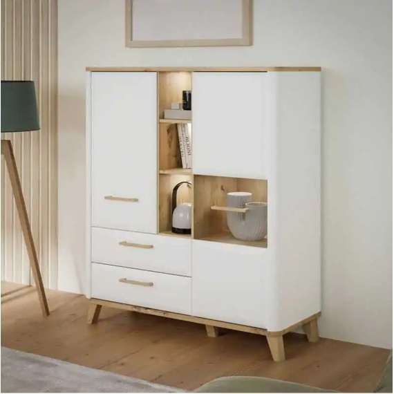 Vitrineskap Wardiol 110x138 cm - 2 dører - 2 skuffer - hvit matt - eik artisan