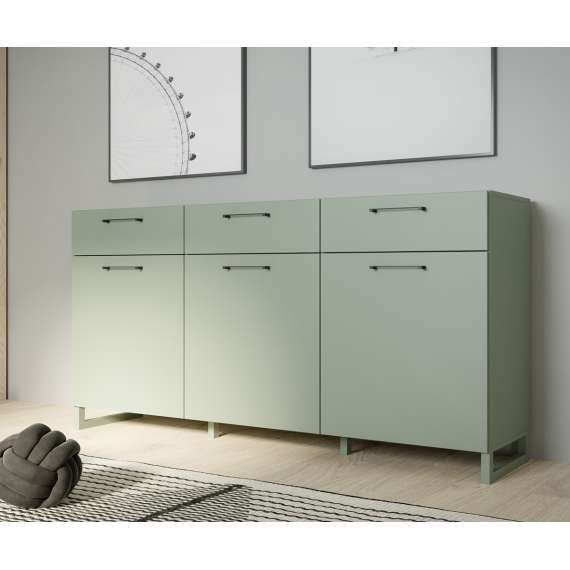Skjenk Silba 164x93 cm - 3 dører - 3 skuffer - salvie grønn