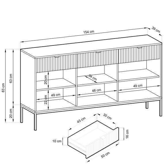 Skjenk Nova 154x83 cm - Grå matt - Spiler - 3 dører - 3 skuffer