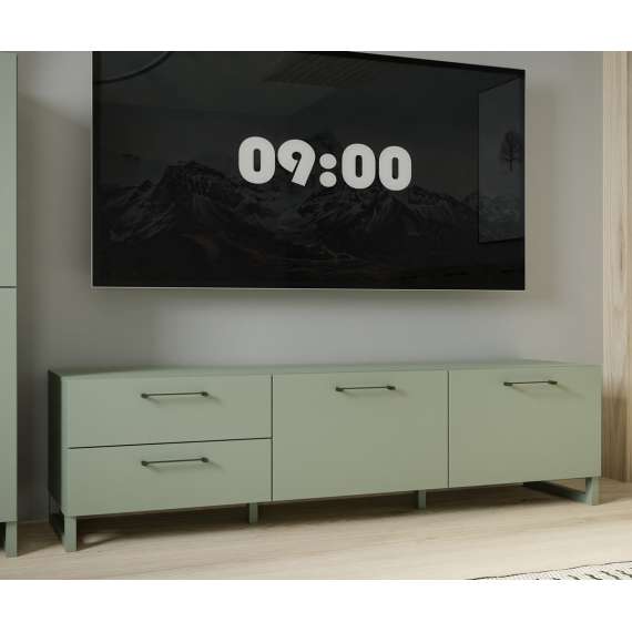 Tv-benk Silba 165x49 cm - 2 dører - 2 skuffer - salvie grønn