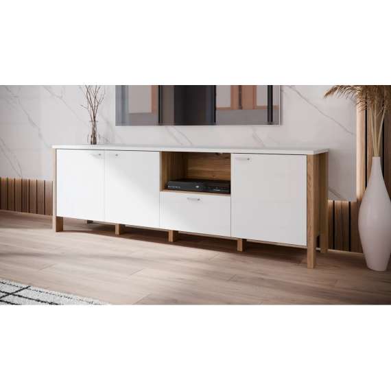 Tv-benk Saitama 190x64 cm - 3 dører - 1 skuff - eik mauvella - secret grey