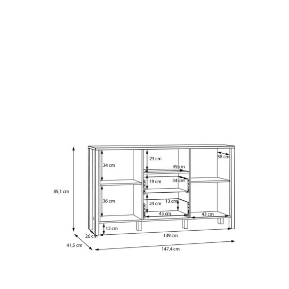 Skjenk Saitama 146x86 cm - 2 dører - 2 skuffer - eik mauvella - secret grey