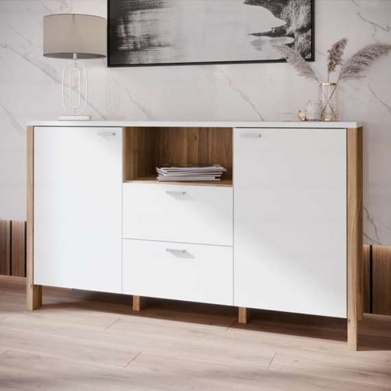 Skjenk Saitama 146x86 cm - 2 dører - 2 skuffer - eik mauvella - secret grey