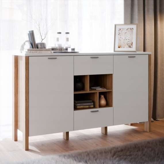 Skjenk Saitama 141x87 cm - 2 dører - 2 skuffer - eik mauvella - secret grey