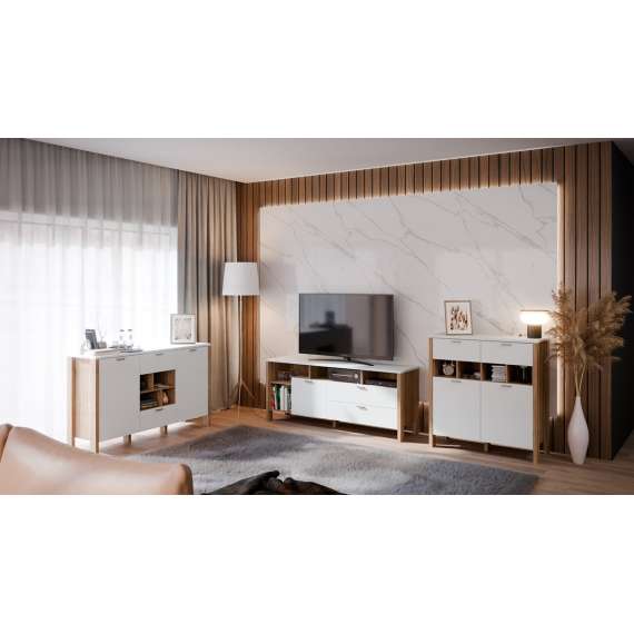 Skjenk Saitama 141x87 cm - 2 dører - 2 skuffer - eik mauvella - secret grey