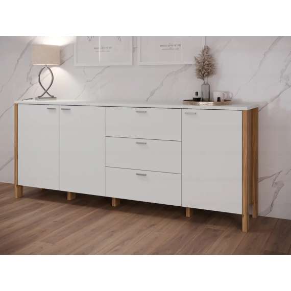 Skjenk Saitama 206x87 cm - 3 dører - 3 skuffer - eik mauvella - secret grey