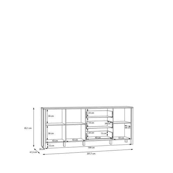 Skjenk Saitama 206x87 cm - 3 dører - 3 skuffer - eik mauvella - secret grey