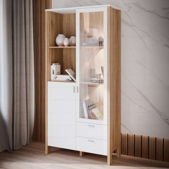 Vitrineskap Saitama 97x202 cm - 2 dører - 2 skuffer - eik mauvella - secret grey