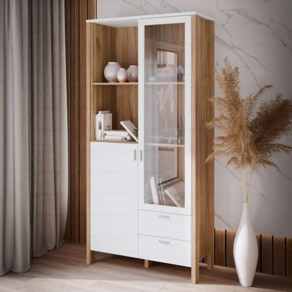 Vitrineskap Saitama 97x202 cm - 2 dører - 2 skuffer - eik mauvella - secret grey