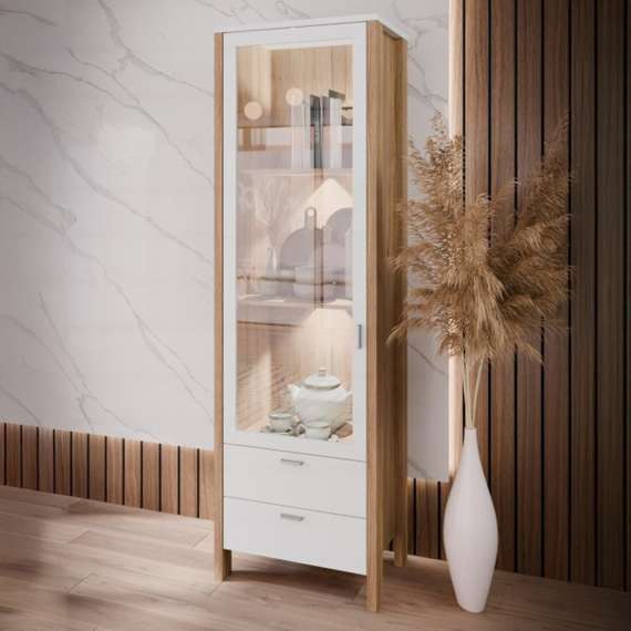 Vitrineskap Saitama 62x202 cm - 1 dør - 2 skuffer - eik mauvella - secret grey