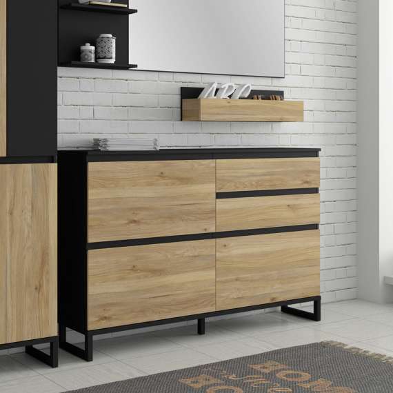 Skoskap Ticos 150x99 cm - 2 flap-dører - 2 skuffer - svart matt - eik mauvella