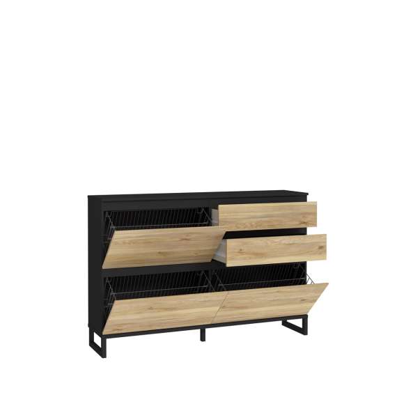 Skoskap Ticos 150x99 cm - 2 flap-dører - 2 skuffer - svart matt - eik mauvella