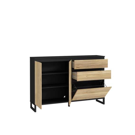 Skoskap Ticos 150x99 cm - 1 flap-dør - 2 skuffer - 2 dører - svart matt - eik mauvella