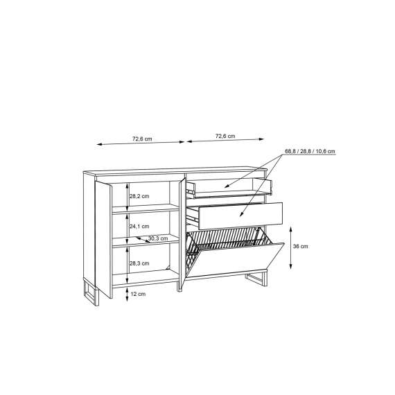 Skoskap Ticos 150x99 cm - 1 flap-dør - 2 skuffer - 2 dører - svart matt - eik mauvella