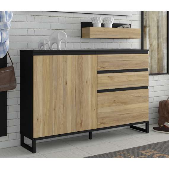 Skoskap Ticos 150x99 cm - 1 flap-dør - 2 skuffer - 2 dører - svart matt - eik mauvella