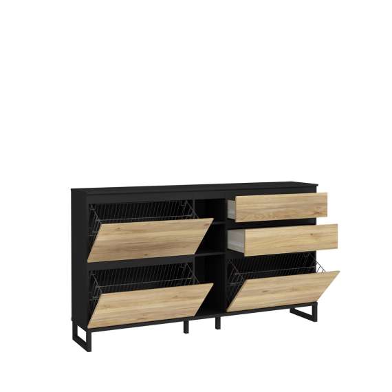 Skoskap Ticos 175x99 cm - 3 flap-dører - 2 skuffer - svart matt - eik mauvella