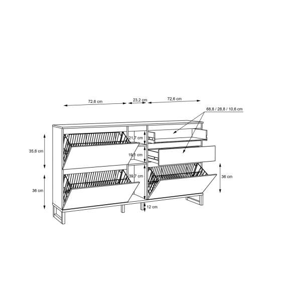 Skoskap Ticos 175x99 cm - 3 flap-dører - 2 skuffer - svart matt - eik mauvella