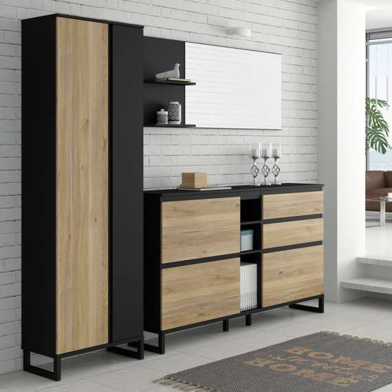 Skoskap Ticos 175x99 cm - 3 flap-dører - 2 skuffer - svart matt - eik mauvella