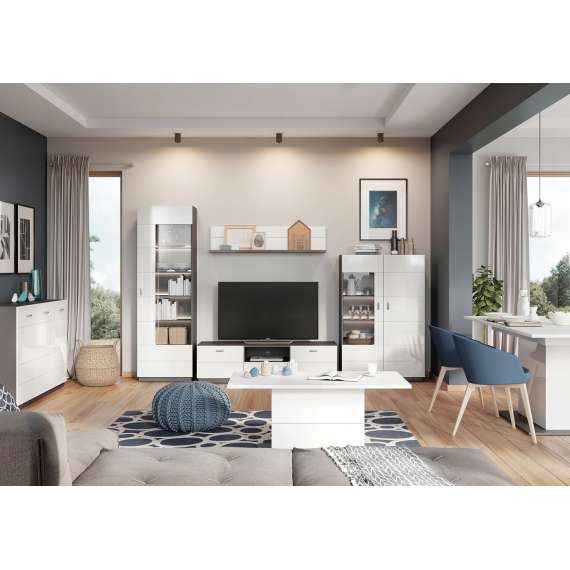 Vitrineskap LINE 150x141 cm - grafittgrå - hvit høyglans