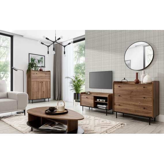 Skjenk Vasina 90x90 cm - 3 skuffer - eik castello - svart matt - metall ben