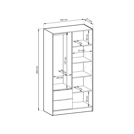 Garderobeskap Nelly 105x200 cm - 2 dører - Speil - Spiler