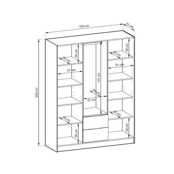 Garderobeskap Nelly 155x200 cm - 3 dører - Speil - Spiler