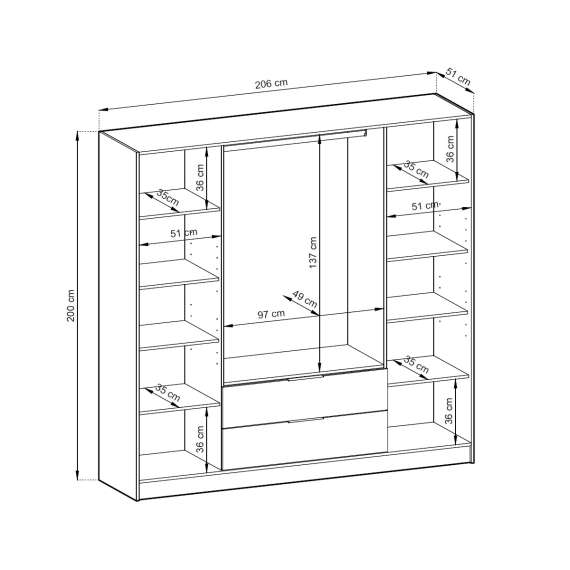 Garderobeskap Nelly 206x200 cm - 4 dører - Speil - Spiler