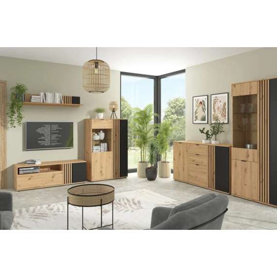 Tv-benk Varbes  135x46 cm - 1 skuff - 1 dør - eik artisan - svart matt- spiler