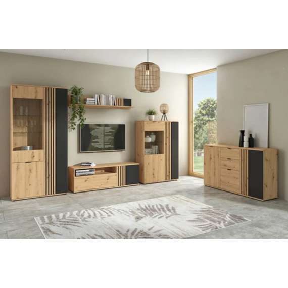 Tv-benk Varbes  135x46 cm - 1 skuff - 1 dør - eik artisan - svart matt- spiler