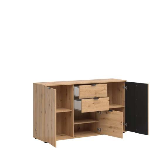 Skjenk Varbes  150x87 cm - 2 skuffer - 3 dører - eik artisan - svart matt- spiler