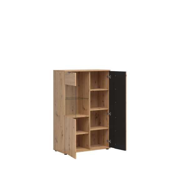 Vitrineskap Varbes  90x137 cm - 2 dører - eik artisan - svart matt- spiler