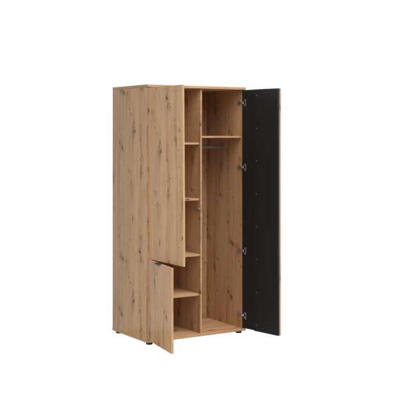 Garderobeskap Varbes  90x195 cm - 3 dører - eik artisan - svart matt- spiler