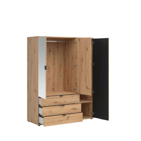 Garderobeskap Varbes  150x195 cm - 3 dører - 3 skuffer - eik artisan - svart matt- spiler