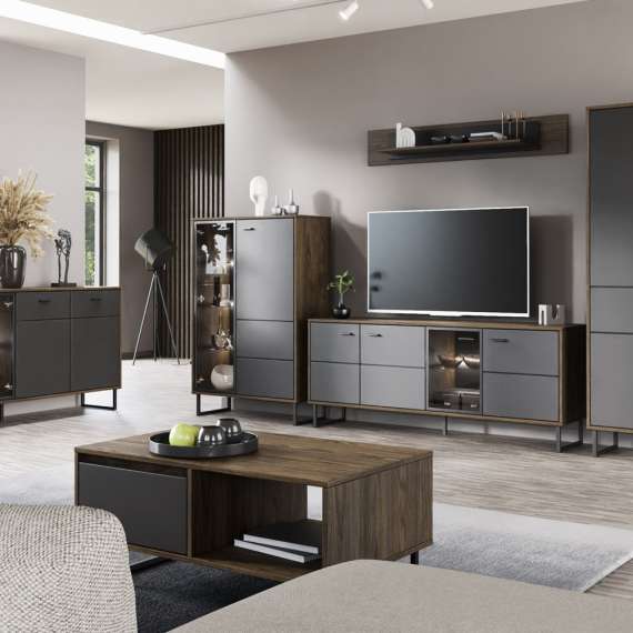 Vitrineskap Lozanna 88x134 cm - eik windmill - mørk grå - metall ben