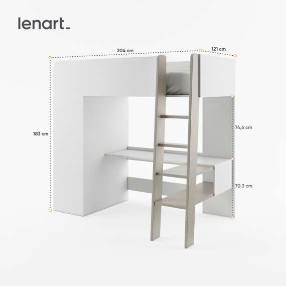 Loftseng Tom 90x200 - med madrass, skrivebord og garderobe