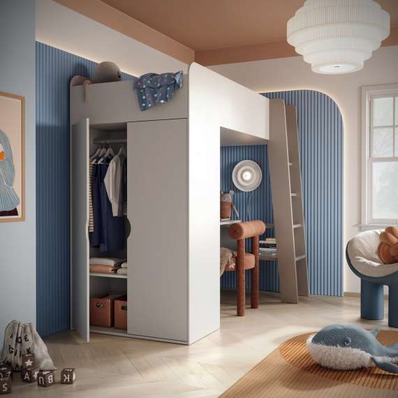 Loftseng Tom 90x200 - med madrass, skrivebord og garderobe